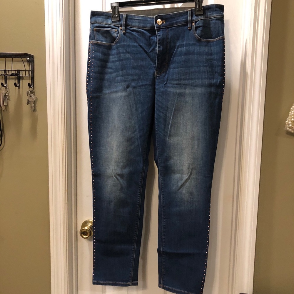 Blue jeans with copper accents